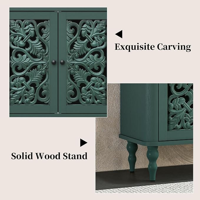 ARTPOWER 63" Retro Arc Carved Sideboard Buffet Cabinet, 4 Craft Doors Wooden Accent Credenza for Living Room, Dining Room, Entryway, Hallway, Green