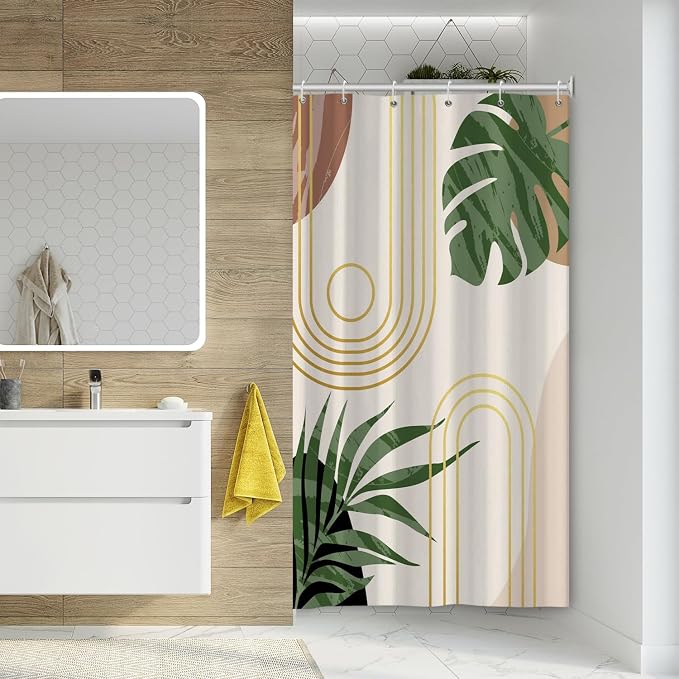 Boho Sage Green Shower Curtain Bohemian Mid Century Geometric Abstract Curve Bathroom Curtain Palm Leaf Polyester Shower Curtain Sets for Bathroom Extra Long 36x72 in with 6 Hooks