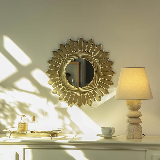 NIKKY HOME Vintage Sunburst Round Wall Mirror, 17.8 Inch Metal Framed Decorative Large Mirror for Bathroom, Living Room, Office, Gold Finish