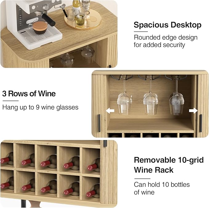 FiveWillowise Coffee Bar Cabinet with Storage, Fluted Wine Cabinet with Sliding Door, Glass Holder and Wine Rack, Buffet Sideboard Liquor Cabinet for Kitchen, Dining Room, Living Room, Natural