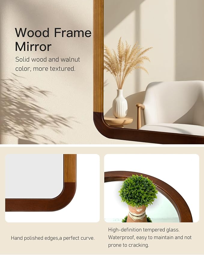 Arched Mirror 24 x 47 Inch,Brown Wood Rustic Bathroom Tempered Wall Mirror with Wood Frame,Round Corner Arch Farmhouse Wooden Vanity Mirror for Living Room,Entryway or Bedroom（Walnut Brown）