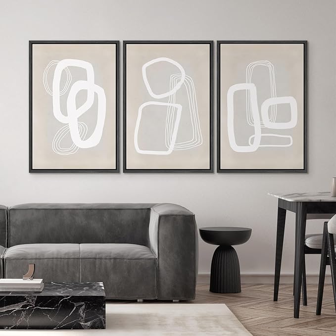 SIGNWIN Framed Canvas Print Wall Art Set Mid-Century Geometric Polygon Variety Abstract Shapes Cozy Neutral Decorative Contemporary Minimal for Living Room, Bedroom, Office - 24"x36"x3 Black