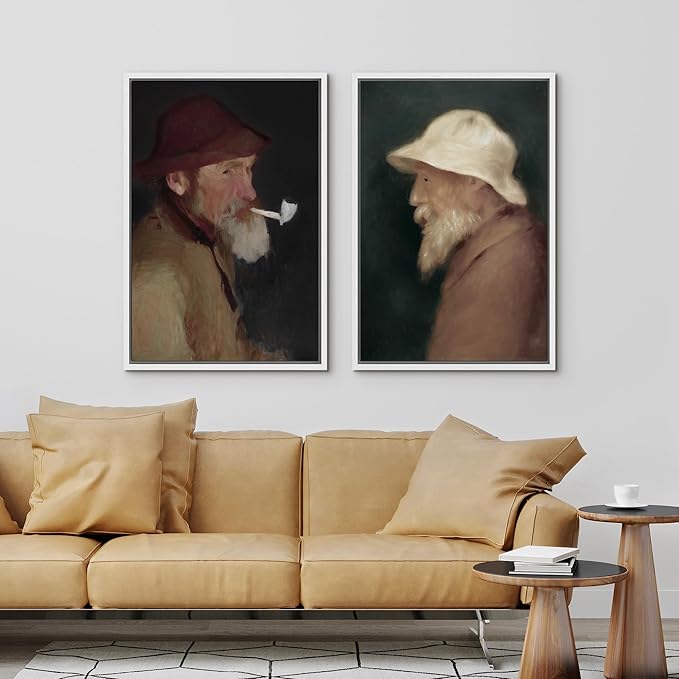 IDEA4WALL Framed Canvas Print Wall Art Set Vintage Old Fishermen Portrait Rustic Illustrations Modern Art Decorative Bohemian Calm/Zen for Living Room, Bedroom, Office - 16"x24"x2 White