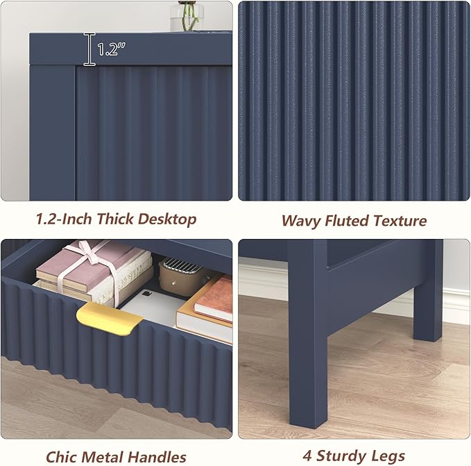 YOMILUVE Fluted Computer Desk with 2 Drawers, 39 Inch Small Computer Desk with Storage, Compact Writing Study Desk for Small Spaces, Blue