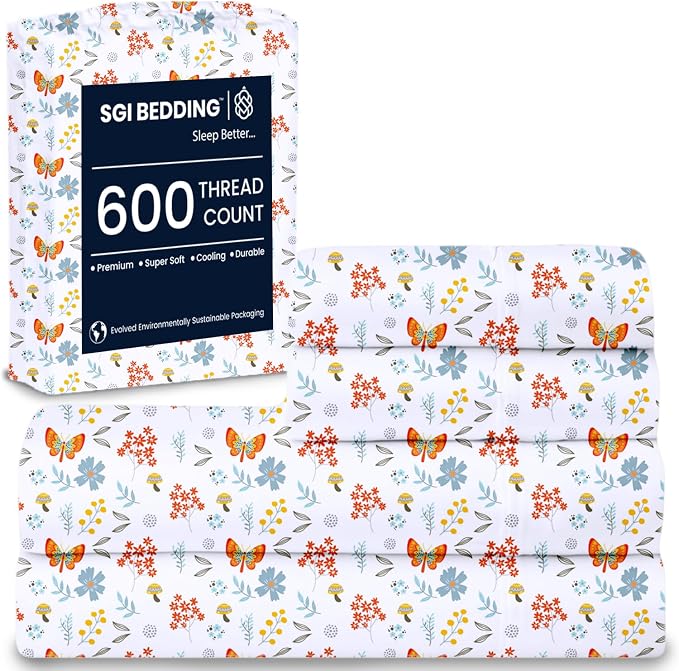 SGI bedding 100% Egyptian Cotton Sheets Full Size – 600 Thread Count Sheets Set, Soft, Cooling, 15" Deep Pocket, Luxury Hotel Bedding, Breathable, Durable - Butterfly Garden