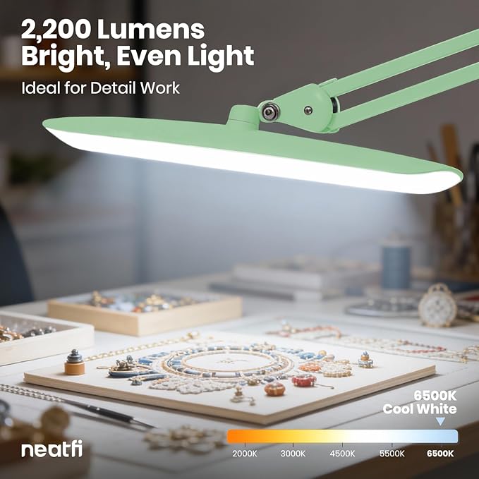 Neatfi XL Nail Desk Lamp with Clamp, 2200 Lumens, 20-Inch Wide Head, Dimmable 4 Levels, 6500K, LED Task Light for Manicure Table, Crafts, Workbench, Office (Non-CCT, Midnight Green)