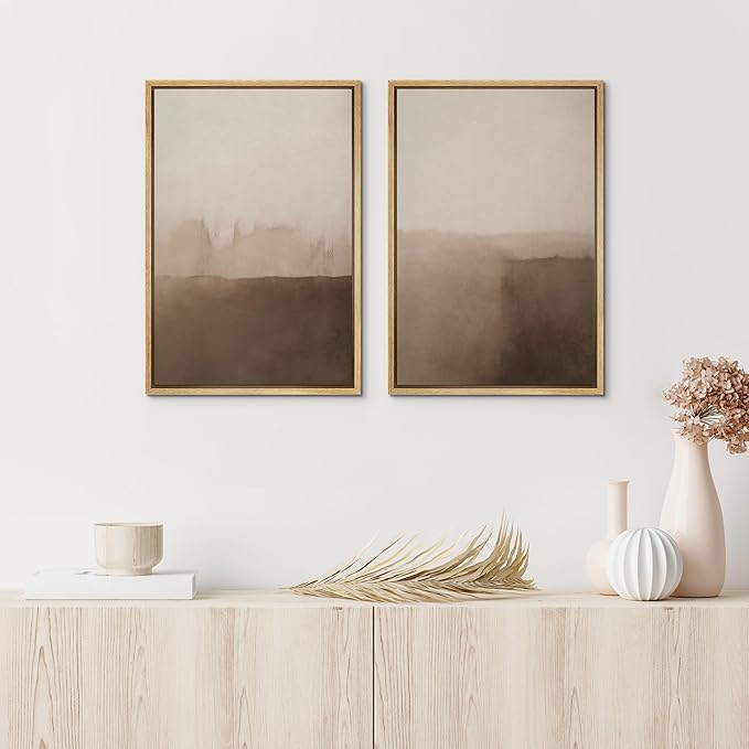 IDEA4WALL Framed Canvas Print Wall Art Set Minimalist Brown Watercolor Landscape Neutral Illustrations Modern Art Decorative Bohemian Calm/Zen for Living Room, Bedroom, Office - 16"x24"x2 Natural