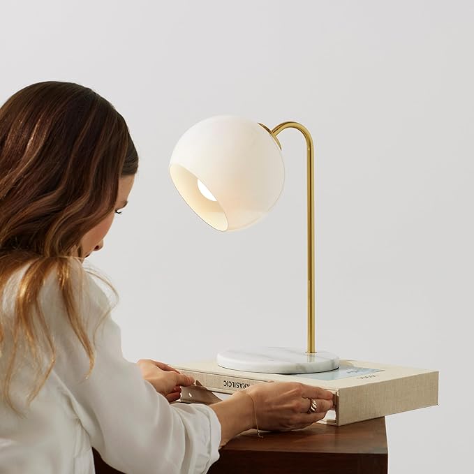 Brightech Krystal LED Table Lamp, Frosted Glass Globe Arcing Living Room Lamp, Mid-Century Modern Standing Lamp for Living Rooms, Boho Rustic Indoor Table Lamp for Bedrooms & Offices - Brass