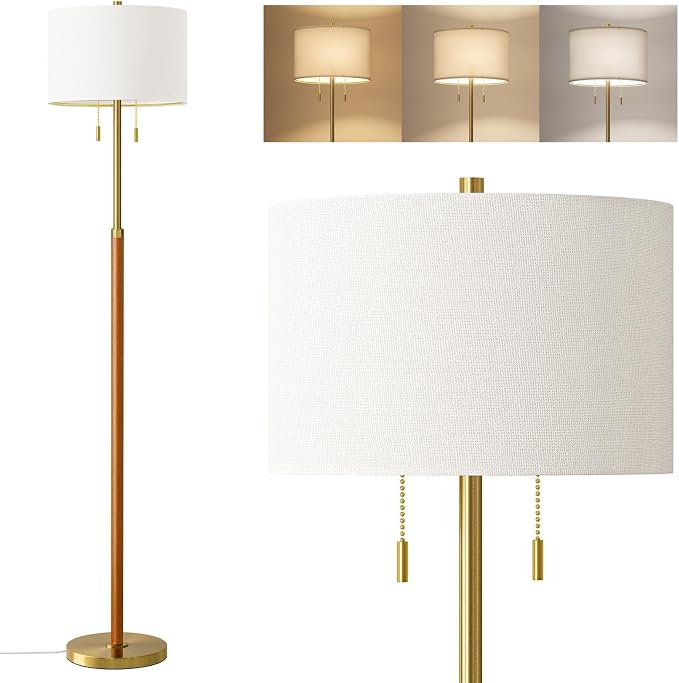G-SAFAVA Floor Lamp 61" Wood Lamps for Living Room Bedroom 2-Lights Mid Century Modern Standing Tall Lamps for Office Nursery Corner Reading Room Lamp, 3 Color Temperatures 9W Bulbs Included, Gold