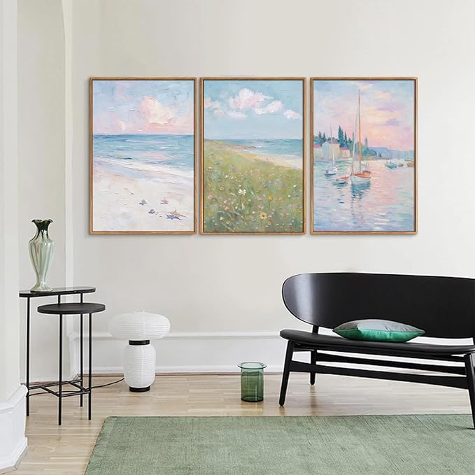 Rantodecor Impressionist Framed Canvas Wall Art, Vintage Italy Coastal Sailboat Wall Decor, Light Blue and White Posters Art Prints, Pastel Beach House Artwork for Bedroom Living Room Office 16"x24"x3