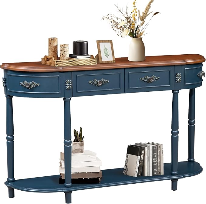Retro Curved Console Table, 52" Half Moon Sofa Entryway With 2 Drawers 1 Open Shelf, Solid Pine Legs for Living Room, Hallway, Navy Blue