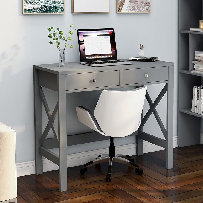 ChooChoo Computer Desk Study for Home Office, Modern Simple 40 Inches Desk with Drawers, Makeup Vanity Console Table, Grey