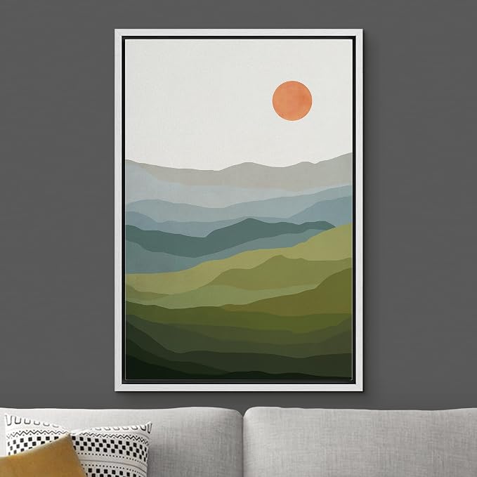Woodrose Framed Canvas Print Wall Art Green, Blue & Gray Mountain Landscape Abstract Shapes Illustrations Modern Art Minimalist 3D Colorful Ultra for Living Room, Bedroom, Office - 24"x36" WHITE
