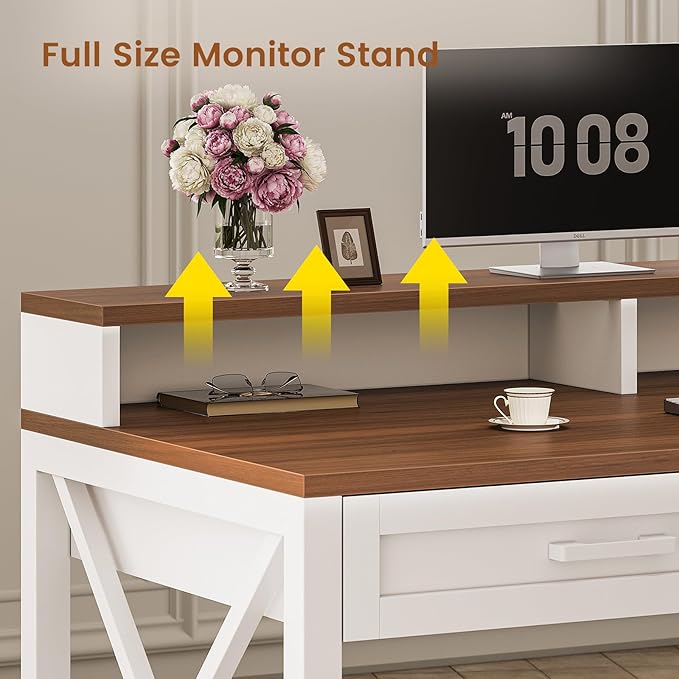 SEDETA Farmhouse Home Office Desk with File Drawer & Power Outlet, Computer Desk with 4 Drawer, Storage Shelves, Printer Cabinet and Monitor Shelf, Gaming Desk with Led Lights, White Brown