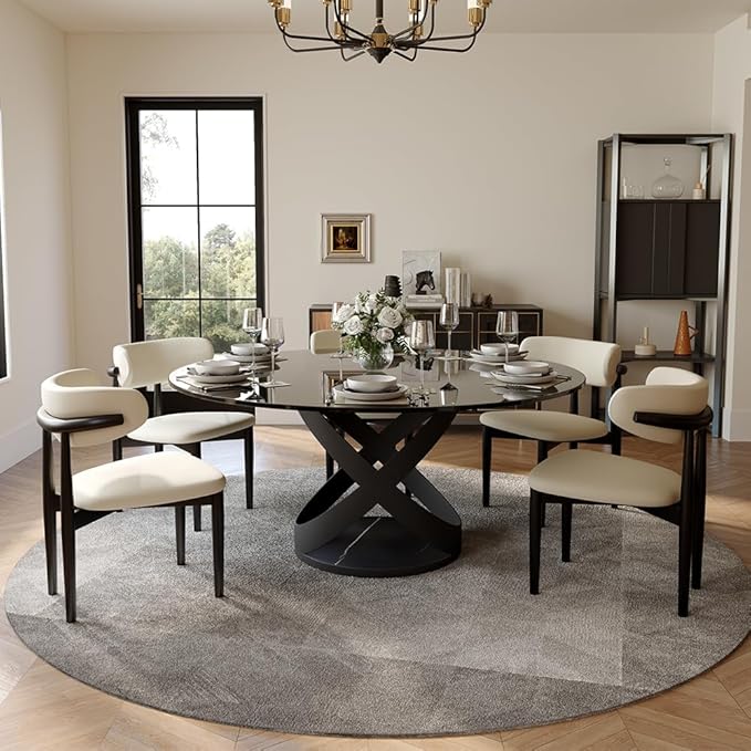 POVISON 59" Modern Round Dining Table, Glass Round Kitchen Table for 6, Tempered Glass Dining Room Table top with Black X Carbon Steel Base (Dining Table Only)
