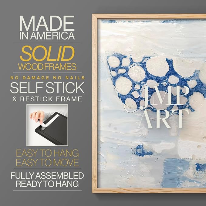 Renditions Gallery Set of 2 Peel & Stick Framed Prints, Textured Abstract Wall Art, White Blue Bubble Like Pattern Wall Decor, Re-Stickable - Ready to Hang - 8"x10" - NATURAL WOOD Frame LT588