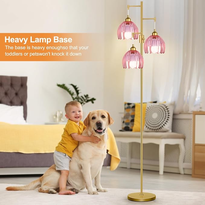 ZECOXOL Gold Floor Lamps for Living Room Vintage Pink Floor Lamp with Glass Lmapshape & Three Led Bulb,Dimmable Mid Century Modern Standing Lamp Tall Tree Flower Floor Lamps for Bedroom,Office,Corner