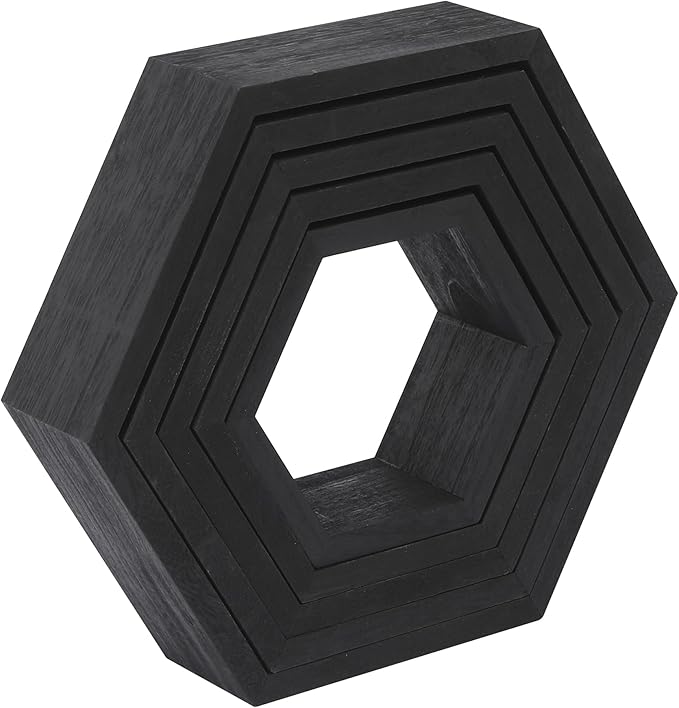 WONFUlity Hexagon Floating Shelves Honeycomb Wall Mounted Wood Farmhouse Storage for Bathroom, Kitchen, Bedroom, Living Room - Driftwood Finish Wall Decor, Black