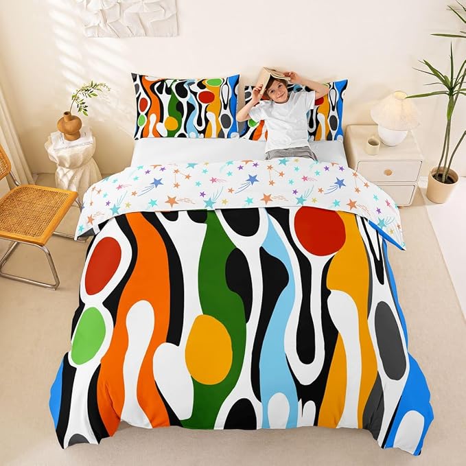 Erosebridal Organic Geometric Duvet Cover Set Modern Abstract King Bedding Set for Adult Men Retro Mid Century Comforter Cover Modern Fluid Art Irregular Circles Bed Sets,Multicolor Rainbow