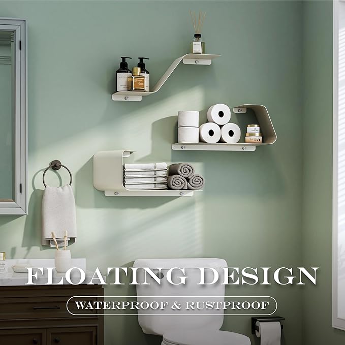 Sttoraboks Floating Shelves - Set of 3 Wall Mounted Metal Shelves with Unique Design for Wall Storage, Book Shelf, Display Shelves for Bathroom, Bedroom, Kitchen, Living Room, White