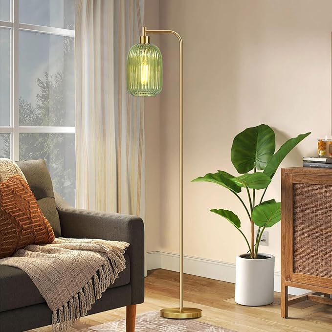 Floor Lamp for Living Room,Bedroom,Gold Dimmable Standing Lamp with Remote,Mid Century Modern Brass Tall Lamp Retro Vintage Green Glass Lamp Floor Light Boho Bohemian