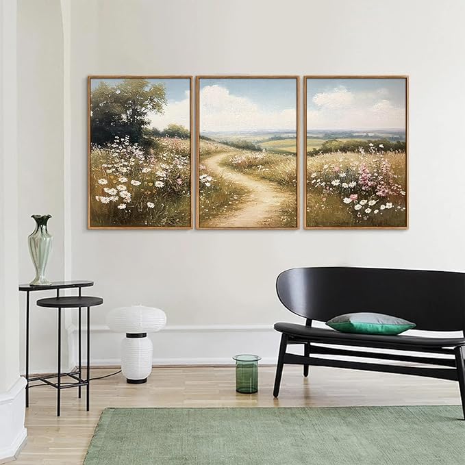 Rantodecor Rustic French Country Framed Canvas Wall Art, Vintage Flower Field Wall Decor, Calming Nature Landscape Art Paintings, Modern Wildflower Artwork for Farmhouse Bedroom Living Room 16"x24"x3