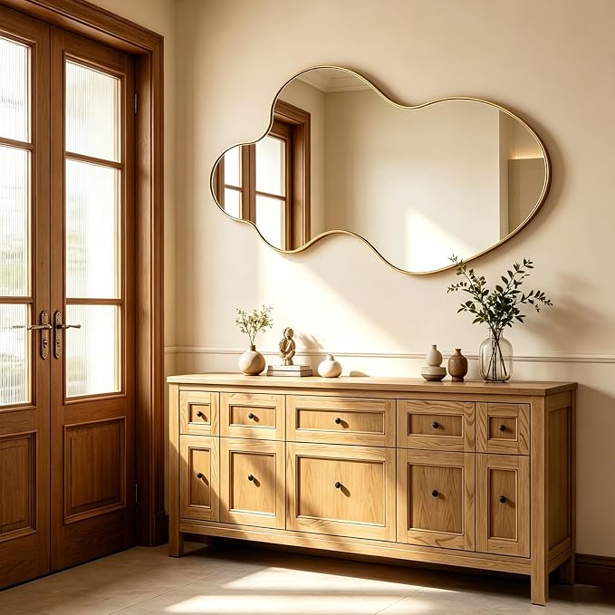 Irregular Wall Mirror, 46.5"x24" Asymmetrical Decorative Accent Mirror with Gold Metal Frame, Large Organic Shape Mirrors for Entryway Bedroom Living Room, Horizontal or Vertical Hanging