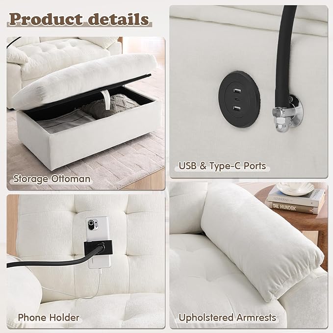 Oversized Chaise Lounge Chair Indoor with Ottoman&Adjustable Backrest,Chenille Tufted Recliner Comfy Loveseat Sofa Chair with USB&Phone Holder,Convertible Sleeper Couch Bed for Living Room(56"W,Beige)