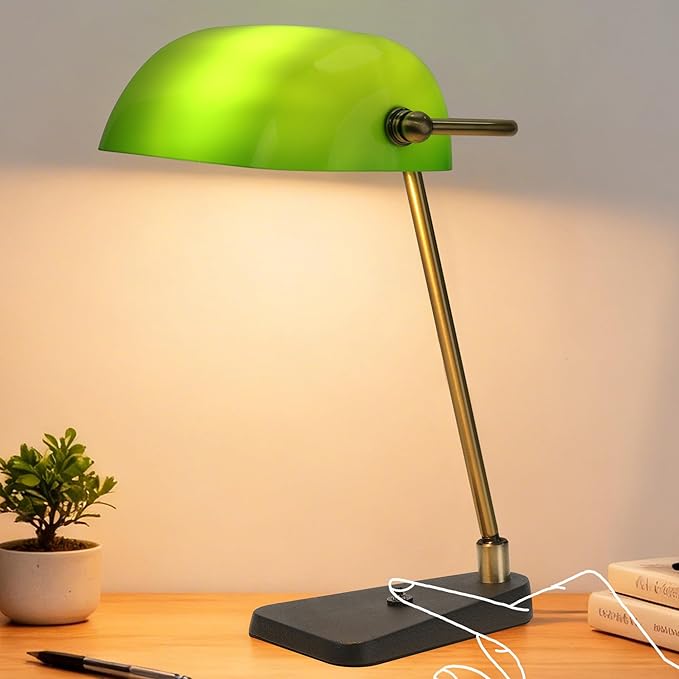 Green Bankers Desk Lamp, Antique Brass Frame & Black Base | 2.9lb Heavy Duty Cast Iron Base, 30° Swivel Head, Push Button Switch, Classic Decor for Home & Office