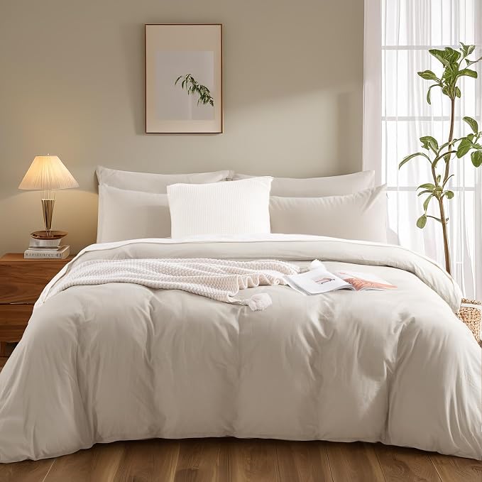 NEXHOME PRO Queen Duvet Cover Set – 100% Certified Organic Cotton with Washed Feel & Linen-Like Texture, Comfortable & Breathable, Home Bedding Set Light Linen (No Comforter)