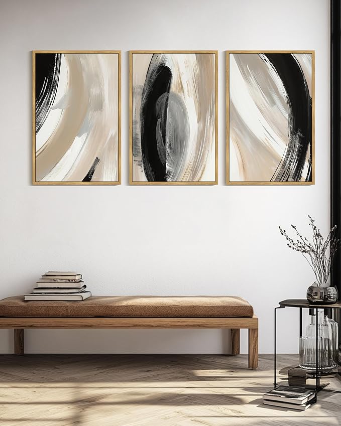 KUVIOKE Black Abstract Framed Wall Art Neutral Minimalist Graffiti Pastel Wall Decor Modern Illustration Art Painting for Bedroom Dining Room 24x36in (Natural Framed)
