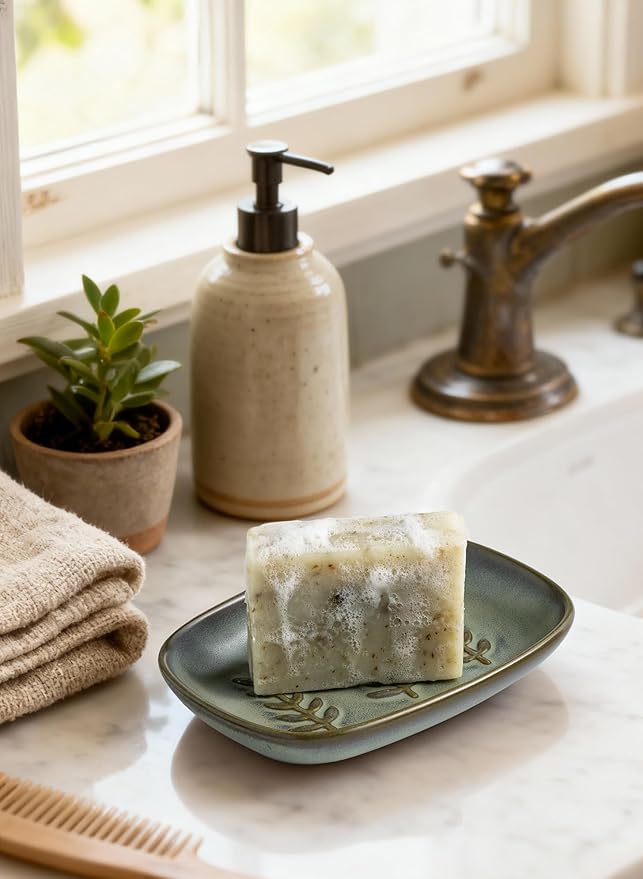 Ceramic Soap Dish Bar Soap Holder for Shower, Soap Dishes for Bar Soap Sponge, Shower Soap Saver Tray for Bathtub Bathroom Kitchen Sink, Farmhouse Housewarming Gift, Pro-Environment, Dark Green
