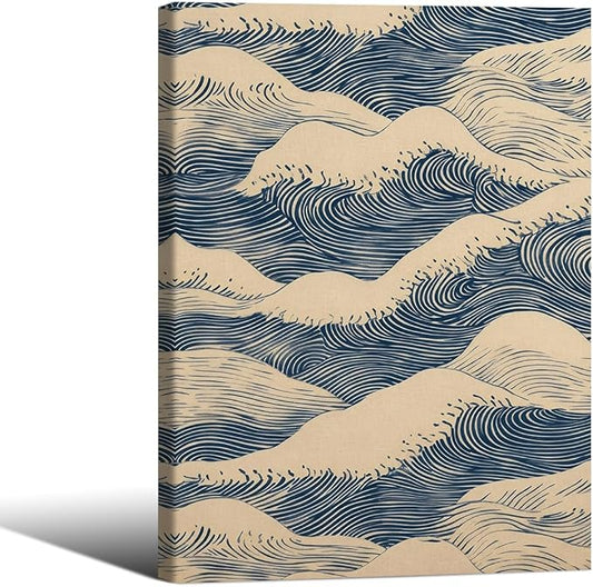 Japanese Blue Wave Canvas Poster Modern Abstract Geometric Wall Art 08x10 inch Framed Vintage Mid-Century Wabi Sabi Prints for Minimalist Living Room Dorm Wall Decor
