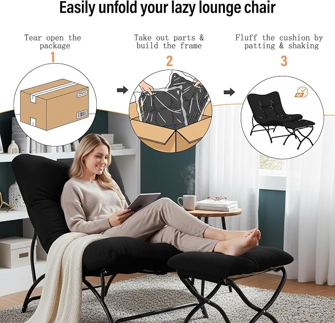 Tiita Accent Lazy Chair with Ottoman, Comfy Lounge Chair with Metal Frame and Plush Fabric, Thick Cushion Seated Cozy Recliner Chair for Reading Room, Living Room, Bedroom, Office, Black