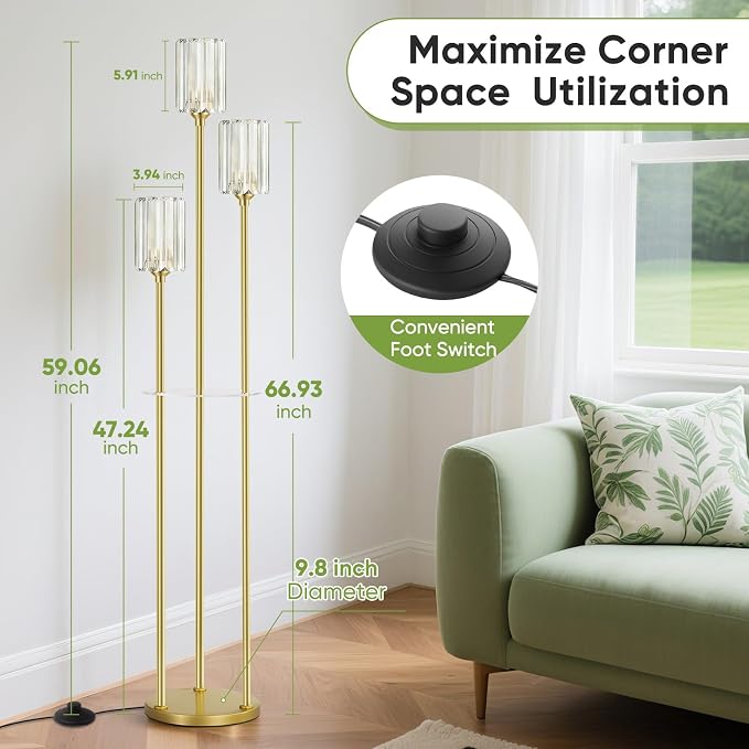 Crystal Floor Lamps for Living Room, Glass Modern Floor Lamp with Shelves, Mid Century Standing Lamps with Table, Brass Tall Lamp with Crystal Shade Vintage Retro Corner Floor Lamp (K9 Crystal Gold)