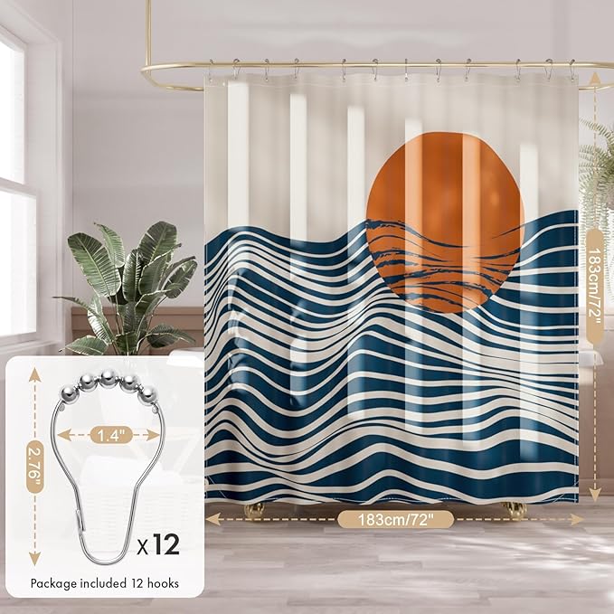 AmazerBath Boho Shower Curtain, 72x72 Washable Cloth Navy Sea and Sunset Shower Curtain with 12 Hooks, Fabric Rustic Shower Curtain Set, Farmhouse Modern Tan Shower Curtains for Bathroom Camper RV