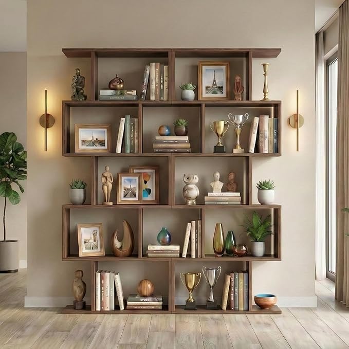 5-Tier Geometric Bookcase (Set of 2), 62.6" Tall S-Shaped Bookshelf & Room Divider, Modern Brown Freestanding Display Shelving Unit for Living Room, Hallway, Home Office