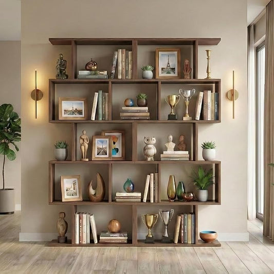 5-Tier Geometric Bookcase (Set of 2), 62.6" Tall S-Shaped Bookshelf & Room Divider, Modern Brown Freestanding Display Shelving Unit for Living Room, Hallway, Home Office