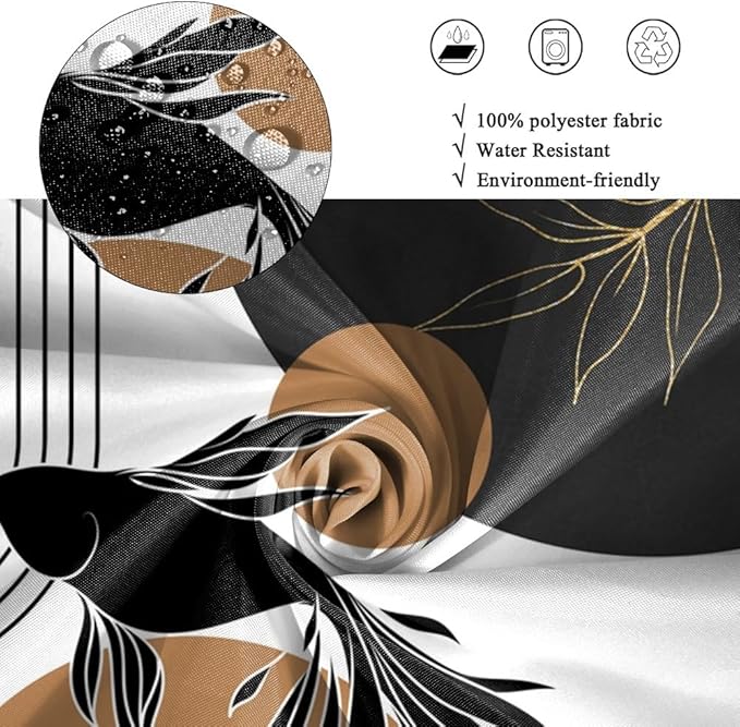 Boho Abstract Goldfish Shower Curtain Modern Abstract Minimalist Neutral Bathroom Decor Arch Sun Black Gold Leaf Chic Aesthetic Bath Curtains Washable Waterproof Polyester Fabric with Hooks 72x84 Inch