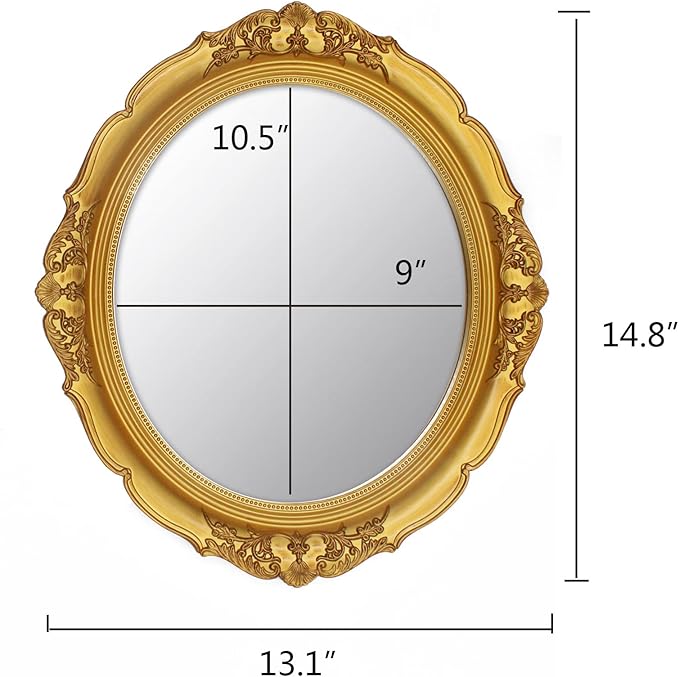 Eaoundm 13.1 x 14.8 inchs Decorative Wall Mirror,Vintage Hanging Mirrors for Bedroom Living-Room Dresser Decor Oval (Gold)