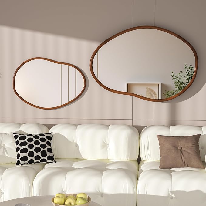 Irregular Wall Mirror Asymmetrical: Abstract Wood Frame 43x30 inch | Unique Vanity Glass Mirrors, Cloud-shape, Horizontal Vertical Hanging, Sleek Entryway Accent