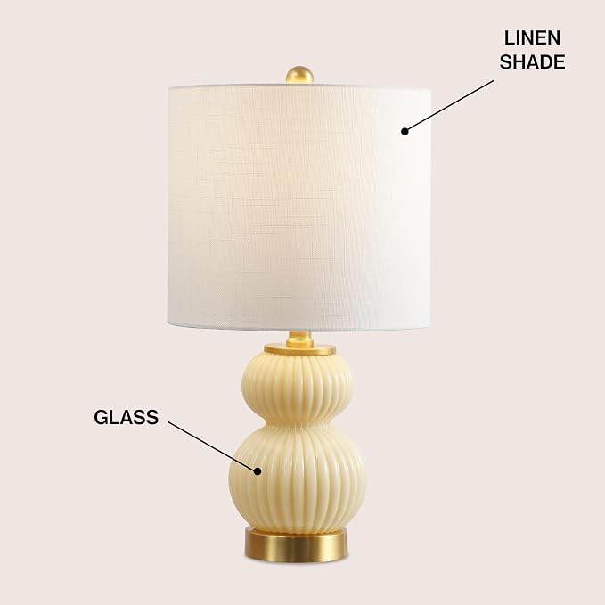 JONATHAN Y 20" Ivory/Brass Gold Ribbed Gourd Glass Table Lamp, Modern Bedside Lamp for Bedroom Living Room, White Linen Drum Shade, LED Bulb Included (JYL1099G)