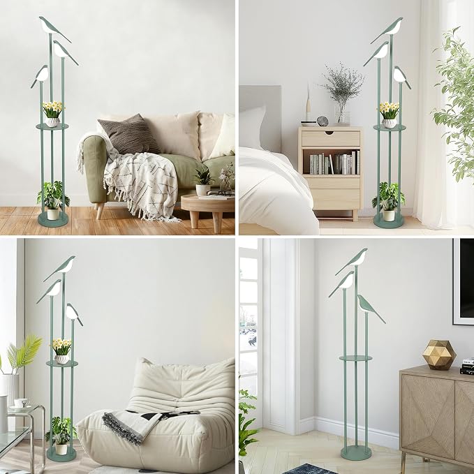 Bird Floor Lamp for Bedroom, Green Standing Lamps for Living Room, Corner Tall Lamp with Table, 3-Lights Vintage Floor Lamp, Modern Stand Up Lamp for Office, Girls Room, Unique Bird Lamps