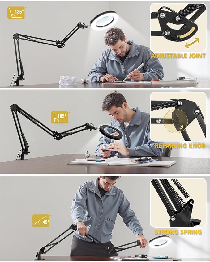 10X Magnifying Glass with Light and Clamp, Ultra Long 3 Section Swing Arm LED Desk Lamp, Real Glass Lens, 5 Color Modes Dimmable, Hands Free Lighted Magnifier with Stand for Repair Craft Close Work