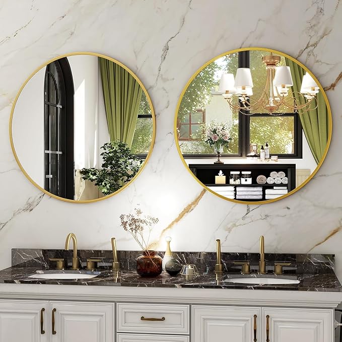 HARRITPURE 28" Round Mirror - Gold Bathroom Mirror Circle Wall Mirror with Brushed Aluminum Alloy Frame Modern Decor for Living Room, Vanity, Bedroom, Entryway
