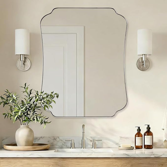 ANDY STAR 24"x30" Brushed Nickel Mirror, Scalloped Bathroom Wall Mirror with Metal Frame for Vanity, Vintage Notched Edges Design Ideal for Entryway, Living Room & Bedroom Decor