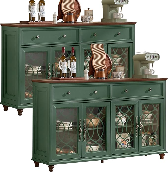 Farmhouse Sideboard Buffet Cabinet Set of 2 with Storage,59" Large Credenza with 4 Glass Door & 2 Drawers,Adjustable Shelves Console Table,Wood Kitchen Coffee Bar for Dining Room,Green