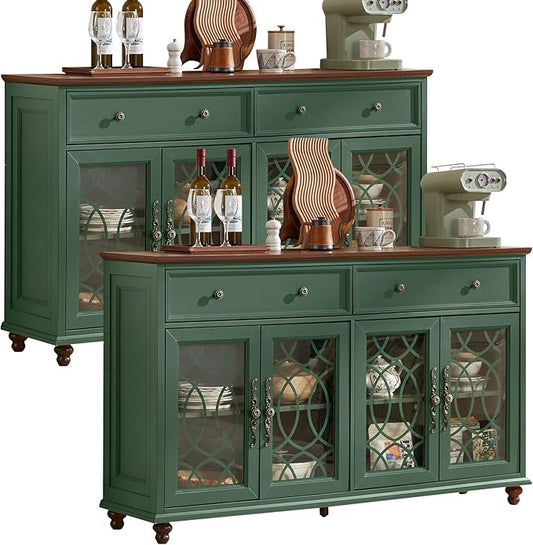Farmhouse Sideboard Buffet Cabinet Set of 2 with Storage,59" Large Credenza with 4 Glass Door & 2 Drawers,Adjustable Shelves Console Table,Wood Kitchen Coffee Bar for Dining Room,Green