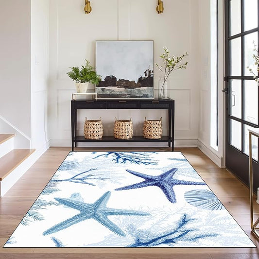 Coastal Starfish Rug 3'x5' Blue Ocean Area Rug Coral Seashell Floor Mat Washable Low Pile Carpet for Entryway Bedroom Living Room Kitchen Home Decor