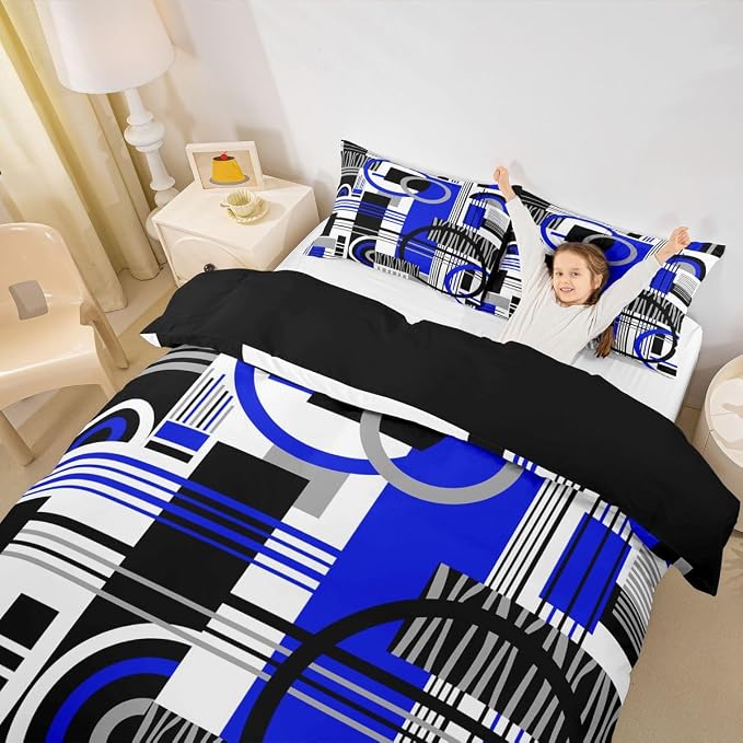 Erosebridal Art Deco Mid Century Duvet Cover Set Retro Modern Abstract Geometric Full Size Bedding Sets for Kids Boys Black and White Navy Blue Circles Stripes Comforter Cover Contemporary Bed Set